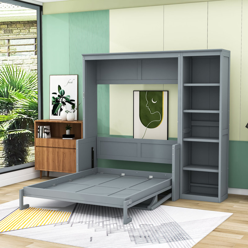 Lit escamotable en bois avec bureau et tablettes latérales, gris, Complète
