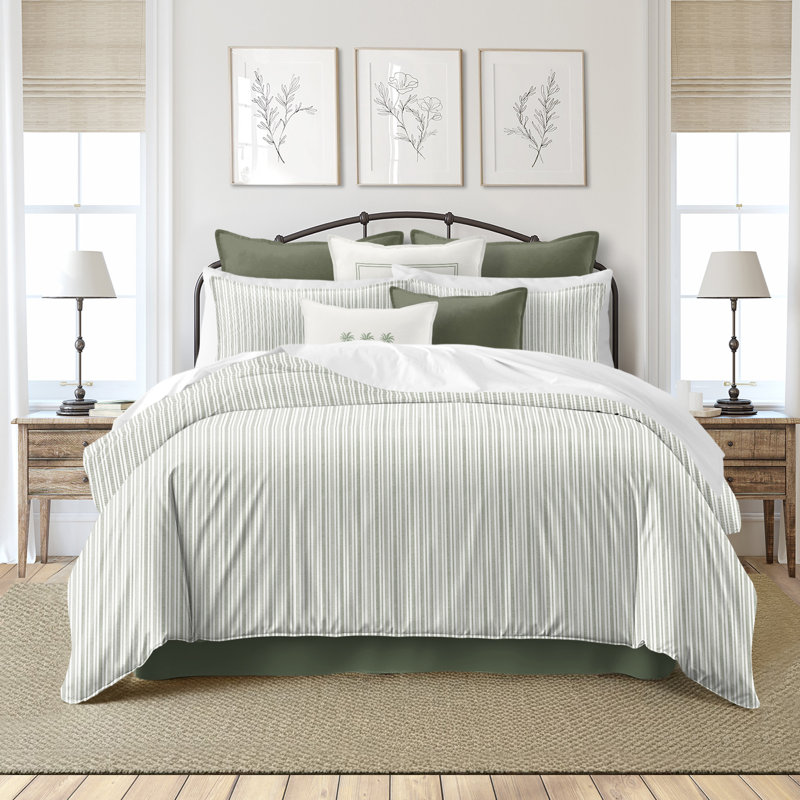 Pacific Stripe Cotton Reversible Coverlet Set, Cal.King Coverlet/Bedspread + 2 King Shams, Sweet Grass