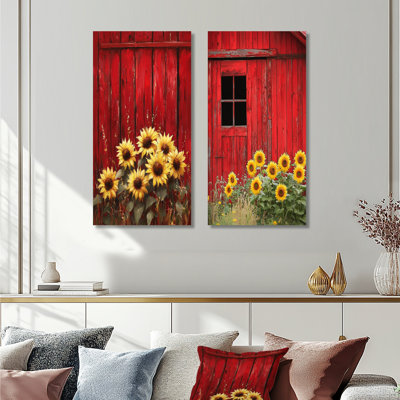 Tournesols et la grange rouge I - ensemble de 2 reproductions d'art en métal tournesol