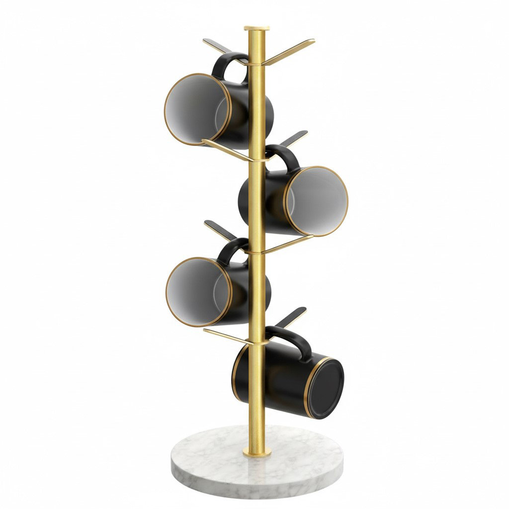 Mug Tree Stand with Weighted Marble Base, 8 Hooks Coffee Cup Holder for Kitchen Counter Cabinet Cafe