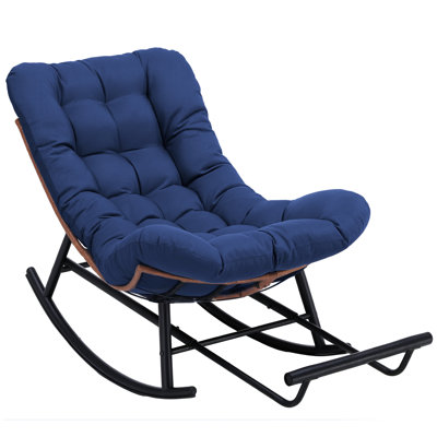 Outdoor Rocking Chair With Thick Cushion, Patio Rattan Wicker Rocker Chair, 360° Swivel Papasan Lounge Chair With Metal Frame,  Recliner For Garden, Backyard, Balcony, Living Room