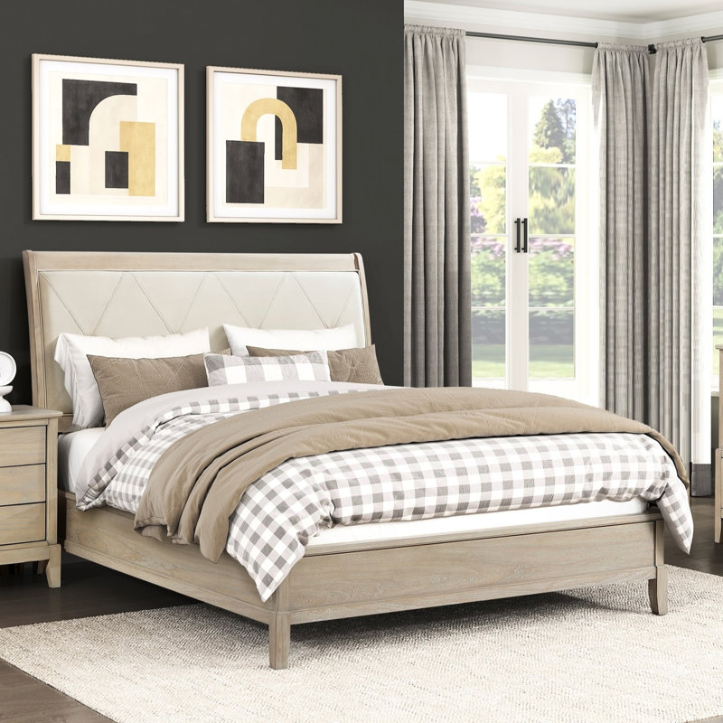 Lit double classique avec tête de lit tapissier en similicuir beige, conception à boutons et rails inclus Taille dans le style, pour la chambre à coucher