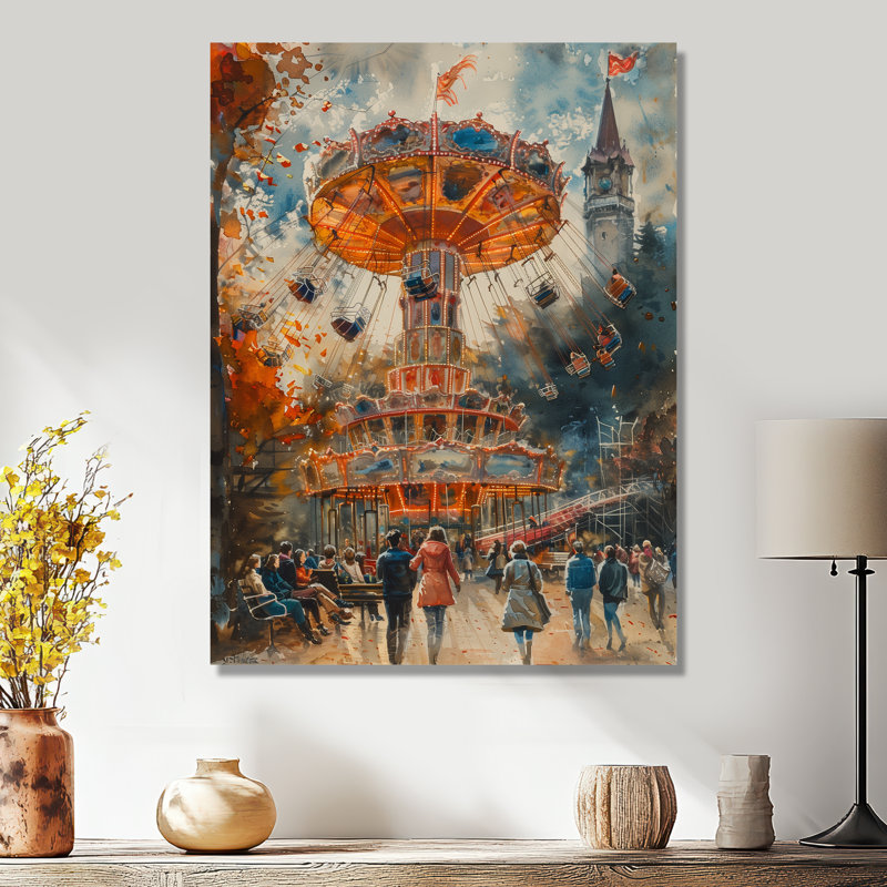  «Yellow Gray Vintage Carousel Amusement Parks II - Amusement Parks Wall Art Living Room, Sans cadre, métal