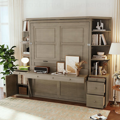 Lit escamotable avec bureau, tablettes et armoires de rangement, lit escamotable pour bureau à domicile peu encombrant, patiné