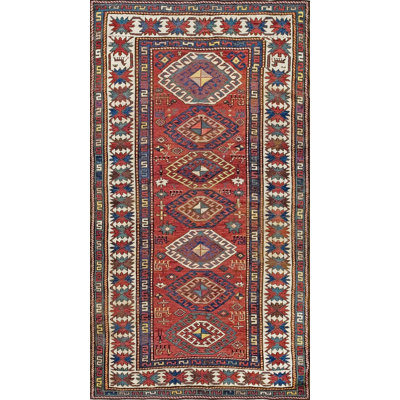 Antique Tribal Geometric Colorful Caucasian Kazak Rug