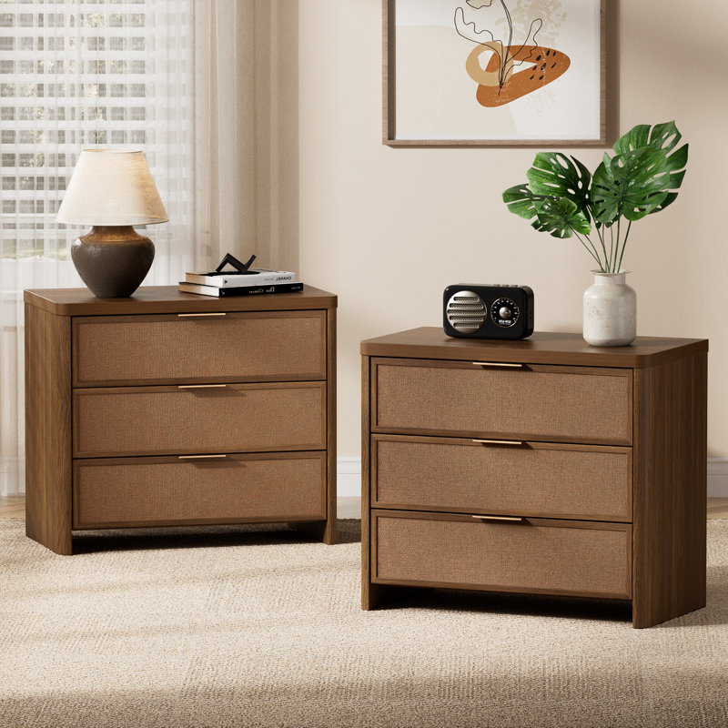 Ensemble de chambre à coucher en rotin, commode à 6 tiroirs et tables de chevet à 3 tiroirs, commode moderne de 47,2 po de largeur et conception à bord arrondi pour la chambre à coucher, ensemble de table de chevet de 28,3 po de largeur avec 2 grands espaces de rangement