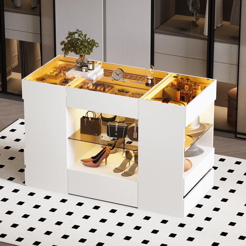 Modern Closet Island with Showcase, LED Lighting and Ample Storage, White/Brown