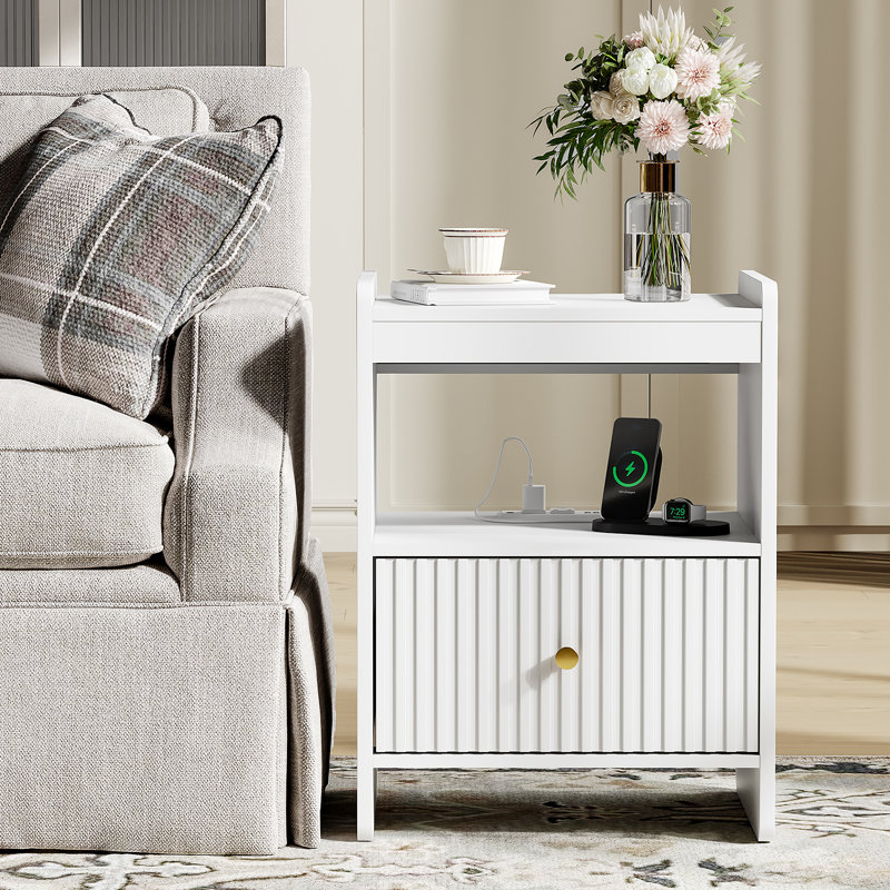 1 Drawer End Table with Storage and Built-in Outlets,Living Room End Side Table for Office,Bedroom,Living Roon, White