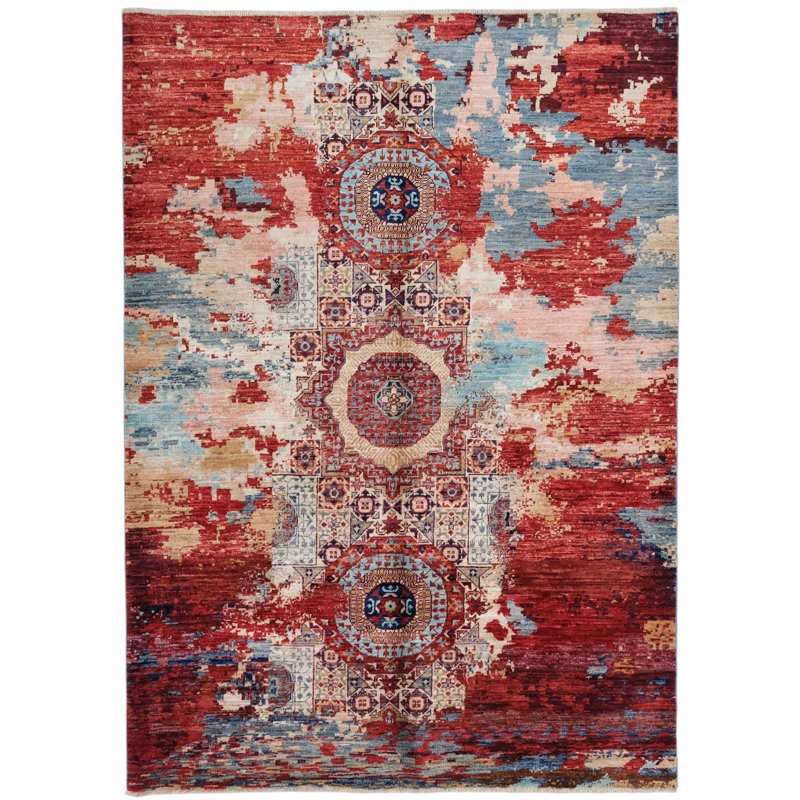 Tapis rouge et bleu noué à la main de haute qualité