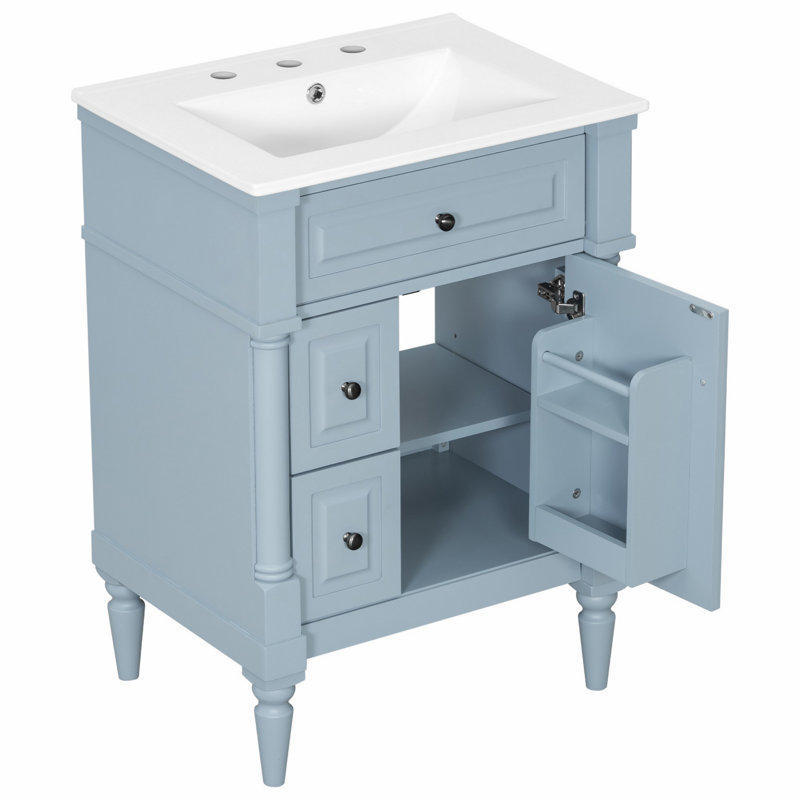 Bathroom Vanity With Sink, Freestanding Bathroom Cabinet With Flip Drawer, Adjustable Shelf, Blue/Gray