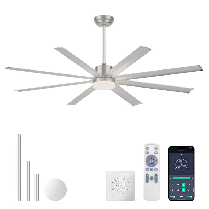Ventilateur de plafond 72 pouces avec moteur à courant continu avec lumière, 8 pales en aluminium PCS, télécommande à 6 vitesses, ventilateur de plafond commercial à hauteur réglable (3 tiges) pour porche / garage / atelier - argent