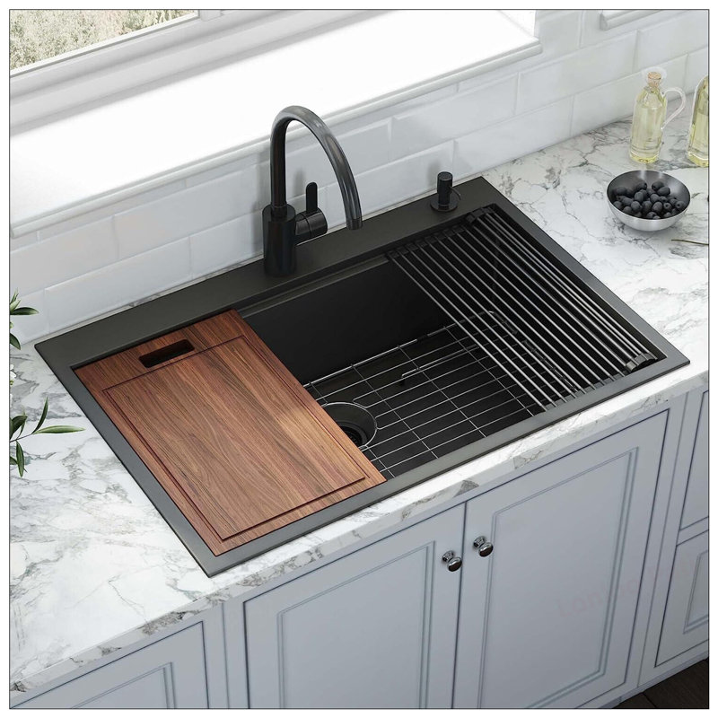 36 Inch Drop-in Workstation Kitchen Sink with Accessories, Gunmetal Black, 16 Gauge Stainless Steel, Single Bowl