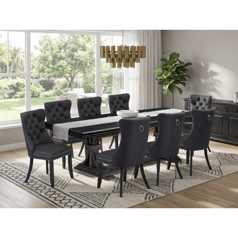  Ensemble de table de salle à manger 9 pièces comprenant une table rectangulaire et 8 chaises de salle à manger en polyester gris foncé, noir sablé