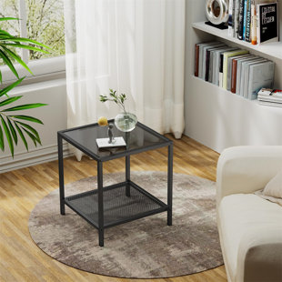 Table de bout unique en verre noir - rangement à 2 niveaux, assemblage facile, design minimaliste