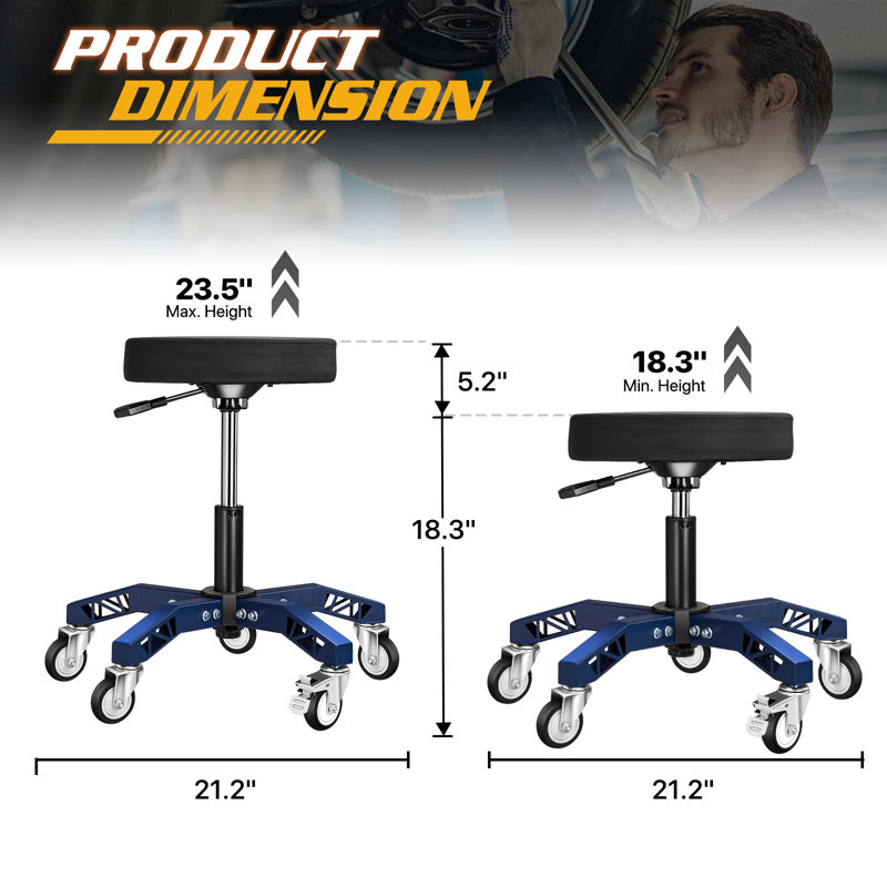 Adjustable Height Rolling Shop Stool 300Lb Capacity Pneumatic Mechanic Seat With 5 Swivel Casters & 2 Brakes, Blue