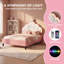 Acamas Pink Princess Single Bed Frame with LED Lights for Girls, Velvet Upholstered Kids Bed with Crown Shape Headboard, Height Adjustable Children's Youth Bed with Solid Wood Slats-1429380791