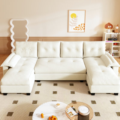 Canapé-lit modulaire en chenille de 104 po pour lit de repos 104 po en forme de U, lit convertible 2 en 1 avec hublots amovibles, ports, 4 coussins décoratifs, gris et beige