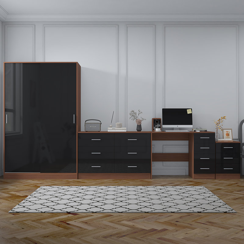Eva Piece Bedroom Set, Black Gloss / Walnut