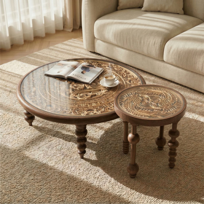 Ensemble de 2 tables basses gigognes 2 pièces en bois de frêne massif avec plateau en bois sculpté et verre