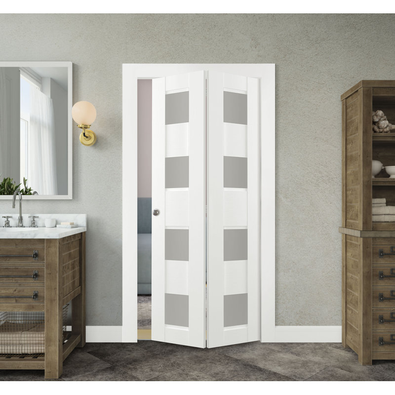 Porte pliante en bois manufacturé et en verre Della, Blanc, 48 po x 79,38 po