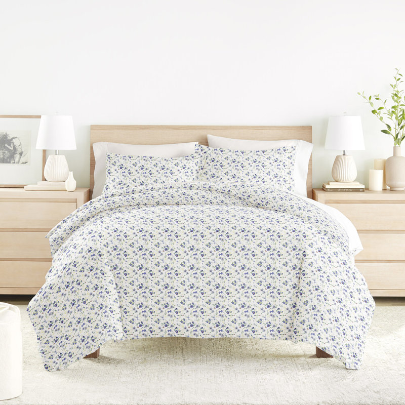 Ensemble de housse de couette en microfibre à motif de literie ultra douce en fleurs, Bleu