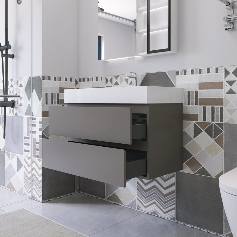Meuble-lavabo simple 35,8 po avec surface solide Sibin, Blanc, Gris