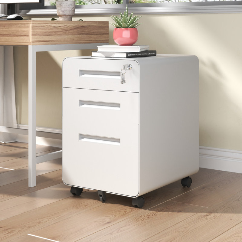 3-Drawer Wide Mobile File Cabinet with Lock, White