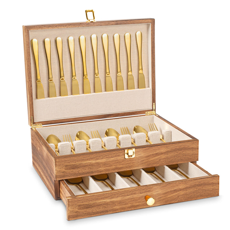 Fine Silverware Box , 2-layer Wooden Silverware Chest With Drawer, Brown
