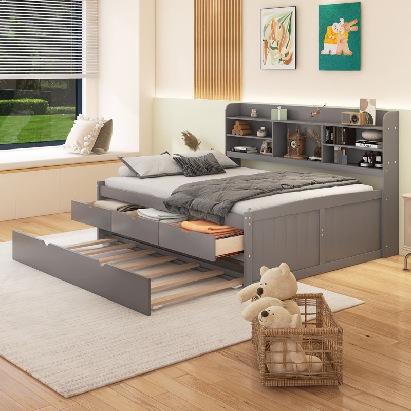 Wooden Captain Bed With Built-In Bookshelves,Three Storage Drawers And Trundle, Gray, Full