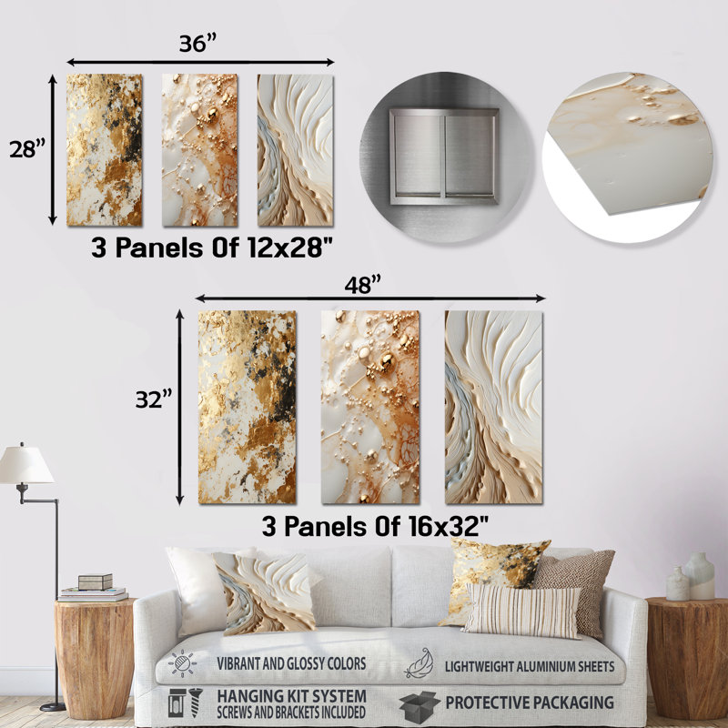 Blanc et or champagne Flow I - ensemble de 3 décorations murales abstraites en métal, H 28 po x l 36 po