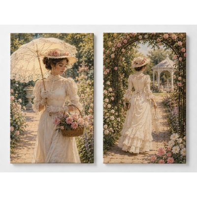 Grand ensemble de 2 impressions d'art sur toile Victorian Garden Woman, élégante œuvre d'art floral Cottagecore pour chambre à coucher, salon, salon de thé, impression sur toile 16 x 24 pouces - prête à être accrochée