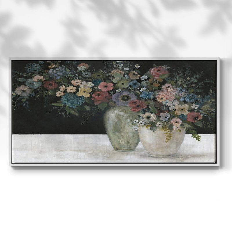 Fleurs rétro - Toile tendue avec châssis, prête à accrocher, H 21 po x l 41 po, Blanc