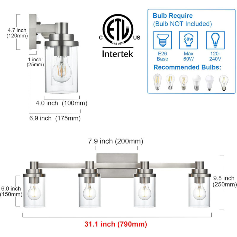 Modern Vanity Lighting Fixture With Clear Glass Shade, E26 Socket, For Bathroom, Kitchen, Bedroom, Hallway, Brushed Nickel