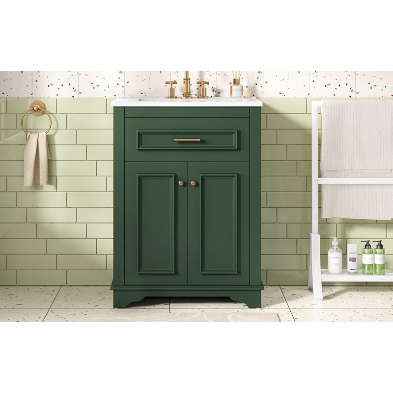 Meuble-lavabo 24 po avec lavabo en céramique intégré, armoire de salle de bain avec 2 portes, 1 tiroir basculant, meuble-lavabo simple pour petite et moyenne salle de bain, vert