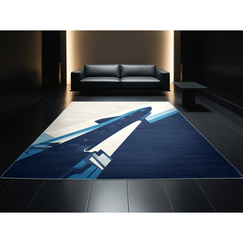 Machine Washable Potts Space Shuttle Rocket Modern Rug in Gray – SkyBlue Binding, 8x12