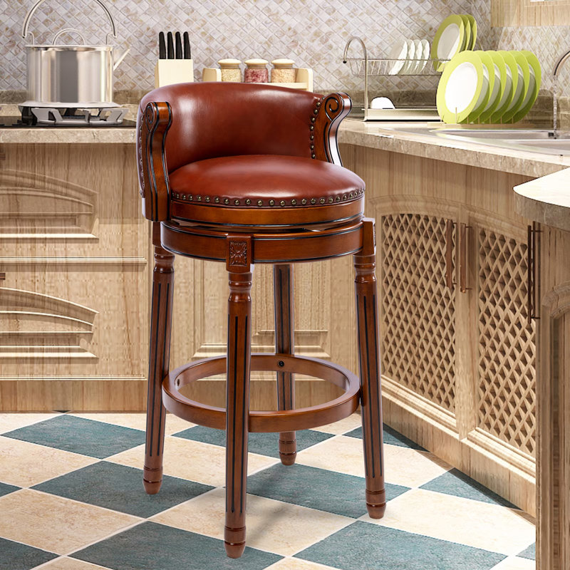 Tabouret de bar pivotant en cuir de vache avec dossier et repose-pieds, tabouret de cuisine de style campagnard, Rouge