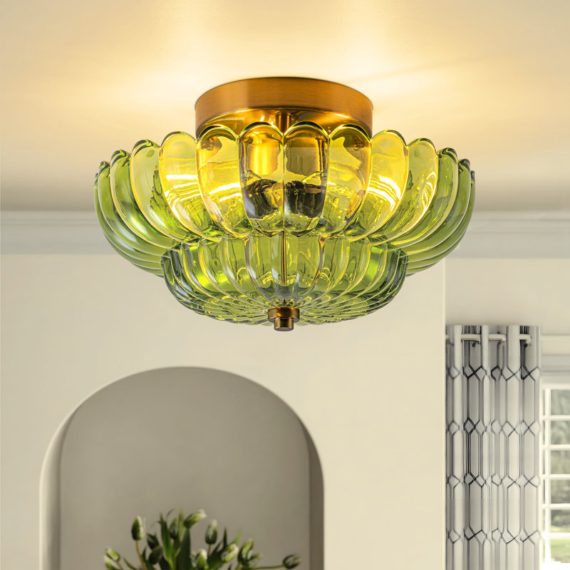 Plafonnier encastré en verre 3 lumières, Doré, Vert