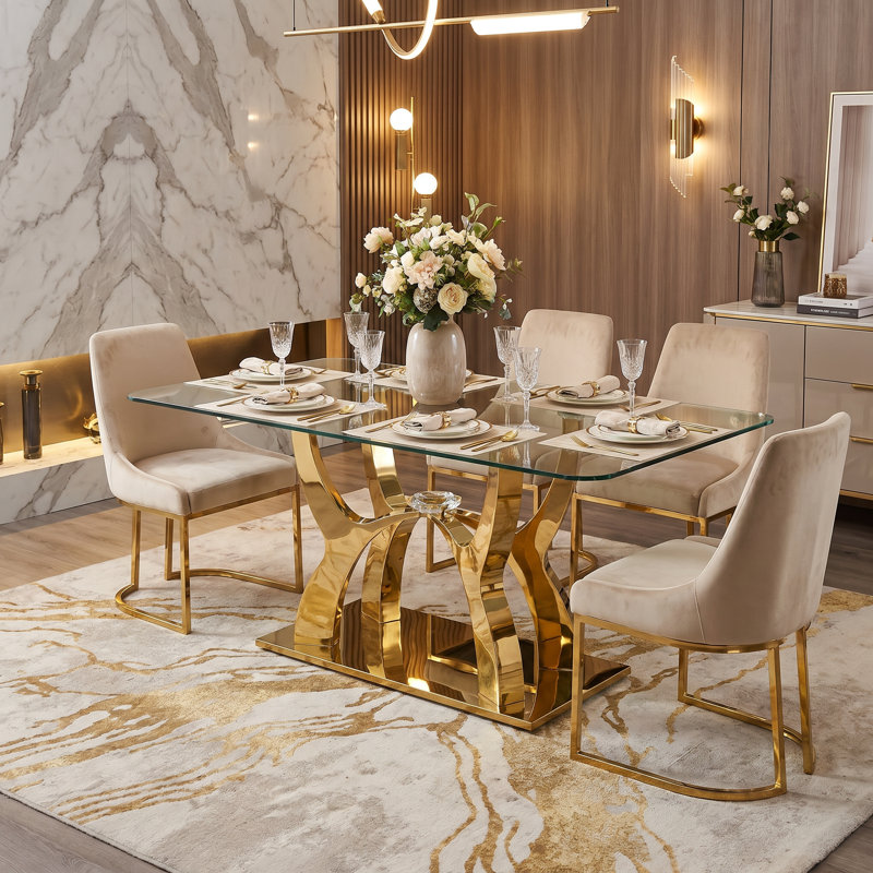 68.9" Luxury Rectangular Tempered Glass Dining Table for 6-8, Modern Kitchen Dinner Table with Mirrored Gold Stainless Steel Pedestal Base for Dining Room