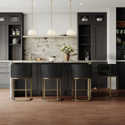 Modern Bar stool,Barrel Counter Height Bar Stools,Black PU Leather with Gold Metal Legs