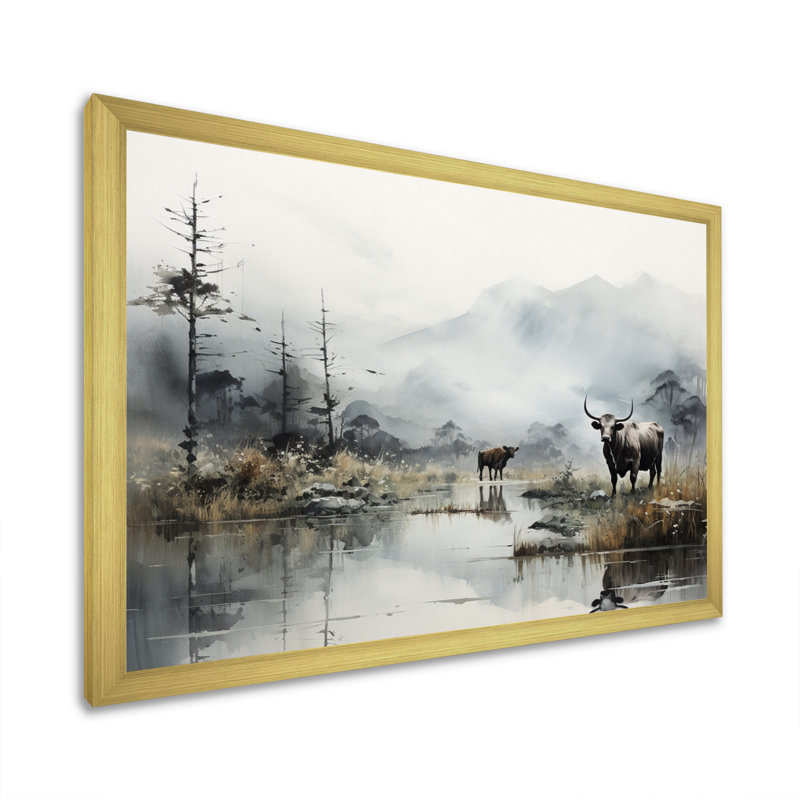 «Asian Art Cow Sumi» - reproduction d'art, H 16 po x l 32 po x P 1 po, Encadrement doré
