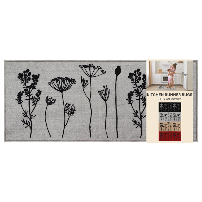 Wildflowers Long Runner Kitchen Mat, Gray/Black