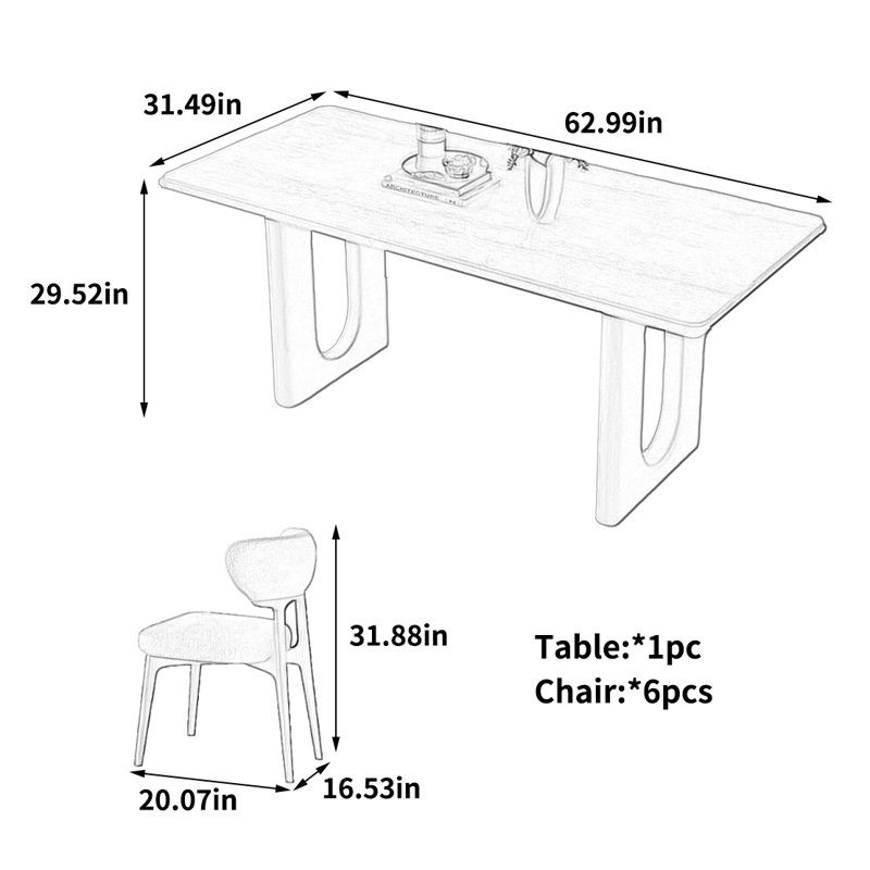 Table de salle à manger haut de gamme, H 29,52 po x l 62,99 po x P 31,49 po, 7 pièces : table, 6 chaises
