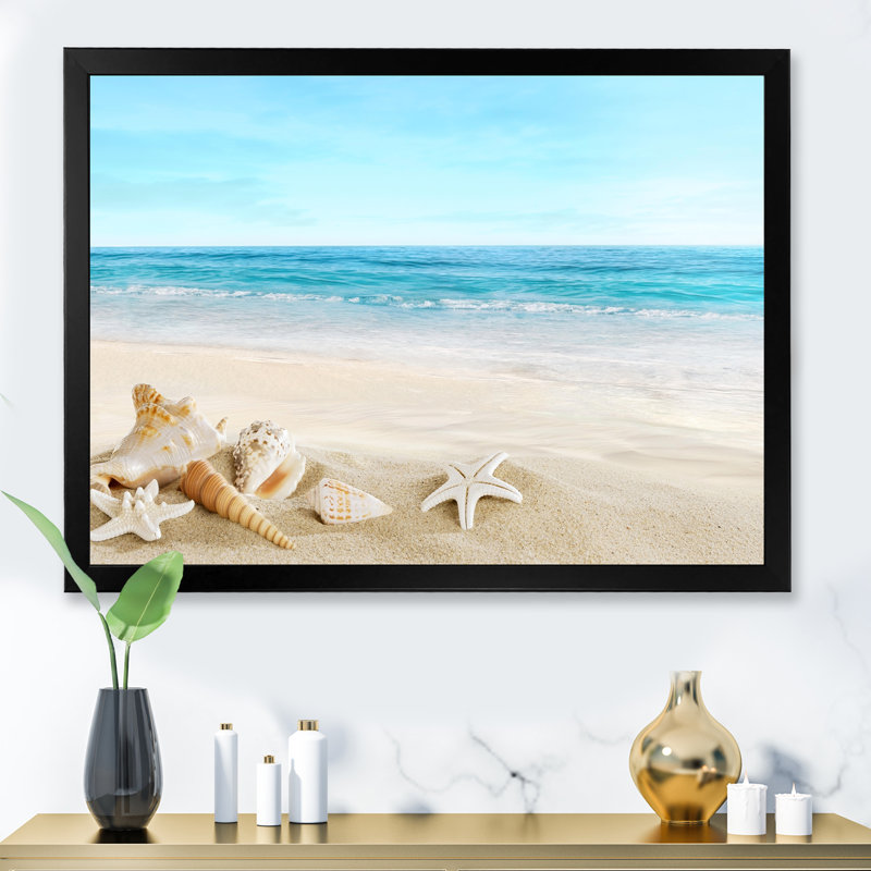 Paysage avec coquillages sur une plage tropicale - photographie sur toile, Cadre photo noir, H 24 po x l 32 po