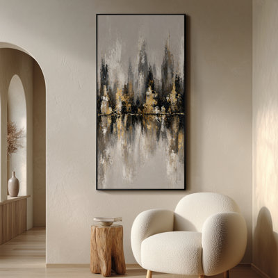Très grand art mural imprimé sur tissu - Composition abstraite minimale de blocs dans des tons de noir et d'ocre avec une touche architecturale moderne pour le salon ou la chambre à coucher - «Assemblage requis du cadre (cadre non fini)»
