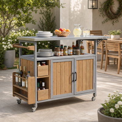 Chariot de cuisine d'extérieur roulant de style ferme de 137 cm (53,79 po) avec cadre en bois massif et plateau en acier inoxydable