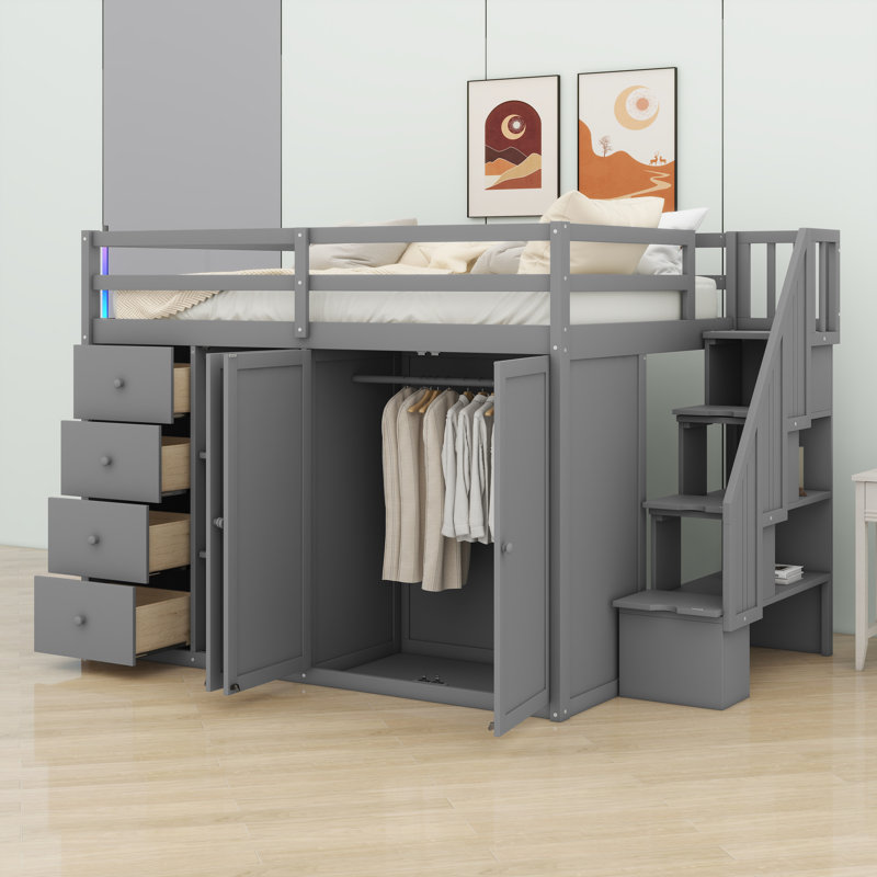 Lit mezzanine avec armoires encastrées, Gris