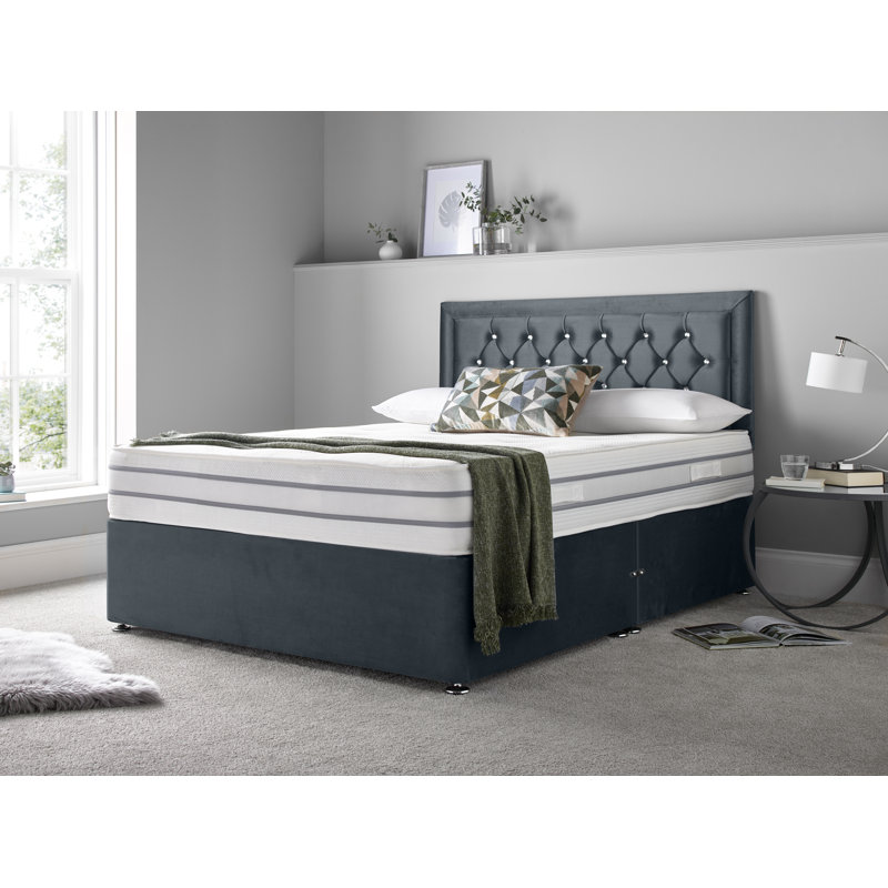 Muskingum Upholstered Bed with Mattress, Double (4'6), 2 Foot-end Drawers, Steel