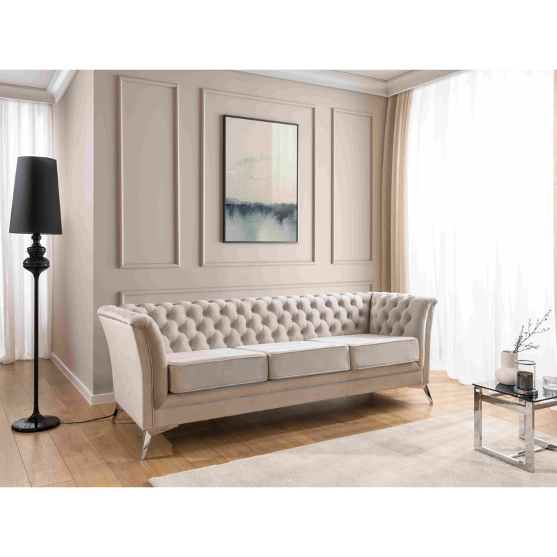 Whitby 3 Seater Velvet Sofa, Chrome, Beige