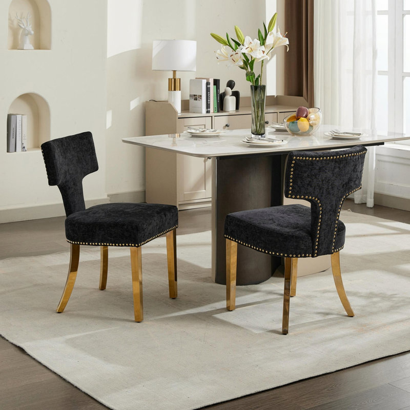 Ensemble de 2 chaises d'appoint rembourrées avec pieds incurvés et chaises de cuisine recouvertes d'acier inoxydable, Noir