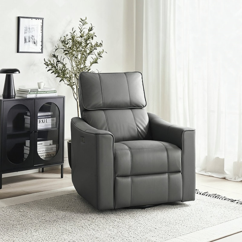 Inniss 31.7" Wide Genuine Leather Modern Power Recliner with Swivel and Glider, Gray